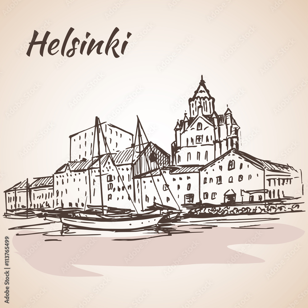 Helsinki - harbor, waterfront. Sketch, Isolated on white backgro