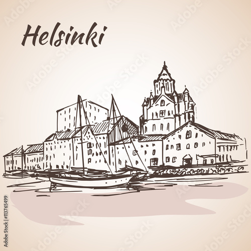 Helsinki - harbor  waterfront. Sketch  Isolated on white backgro