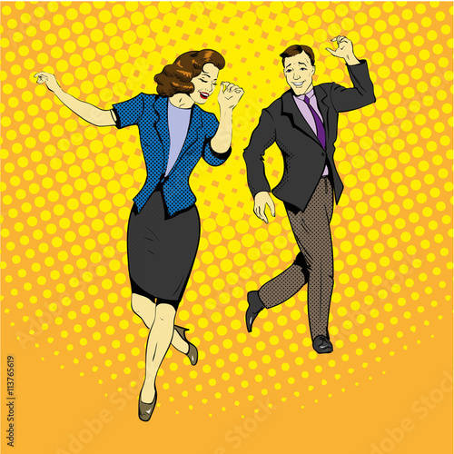 Man and woman dancing with paper documents flying around. Vector illustration in comics retro pop art style