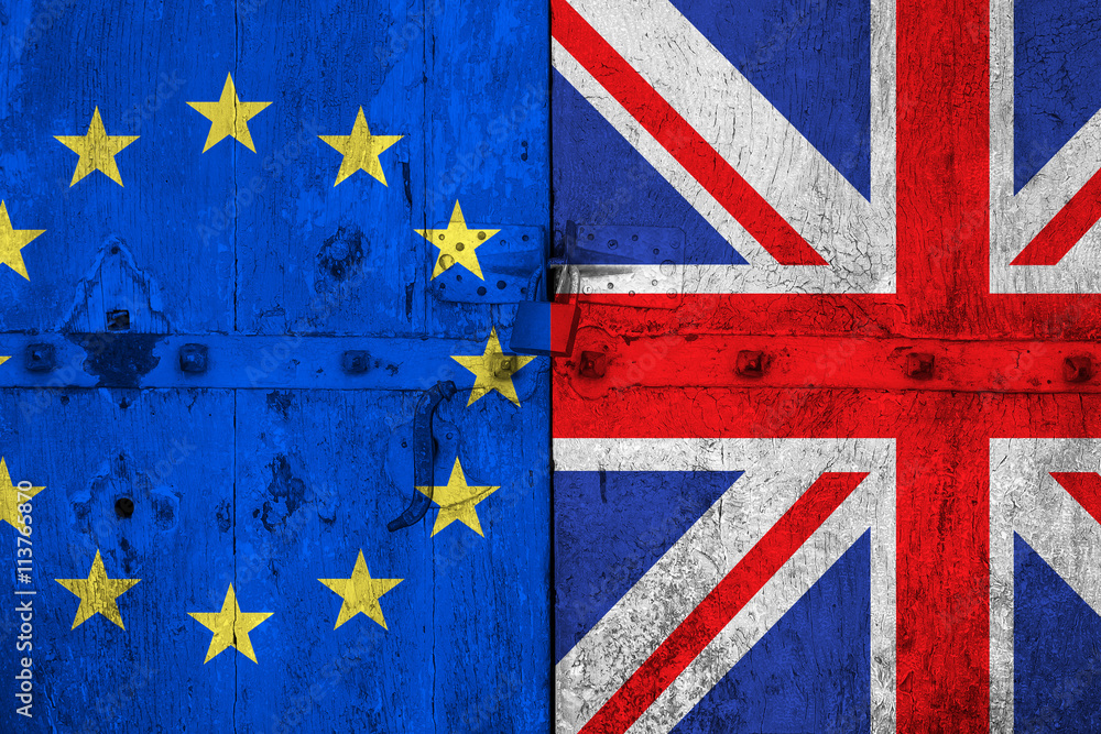 Fototapeta premium brexit blue european union EU flag and half great britain flag on old wood door