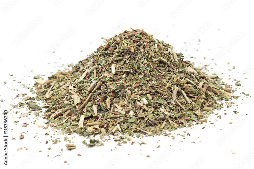 Pile of dried wild oregano herbal medicine tea on white Pile of dried wild oregano herbal medicine tea on white