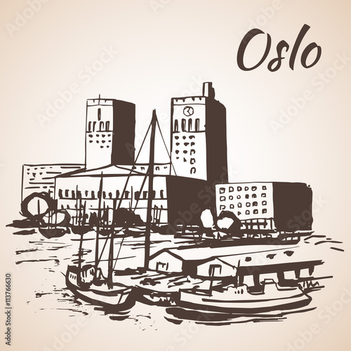 Oslo, Norway - Oslo's City Hall and Waterfront. Sketch, Isolated