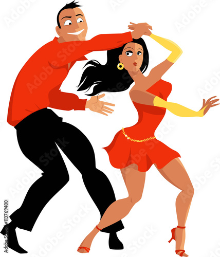 Young Latin couple dancing salsa, EPS 8 vector illustration, no transparencies, isolated on white