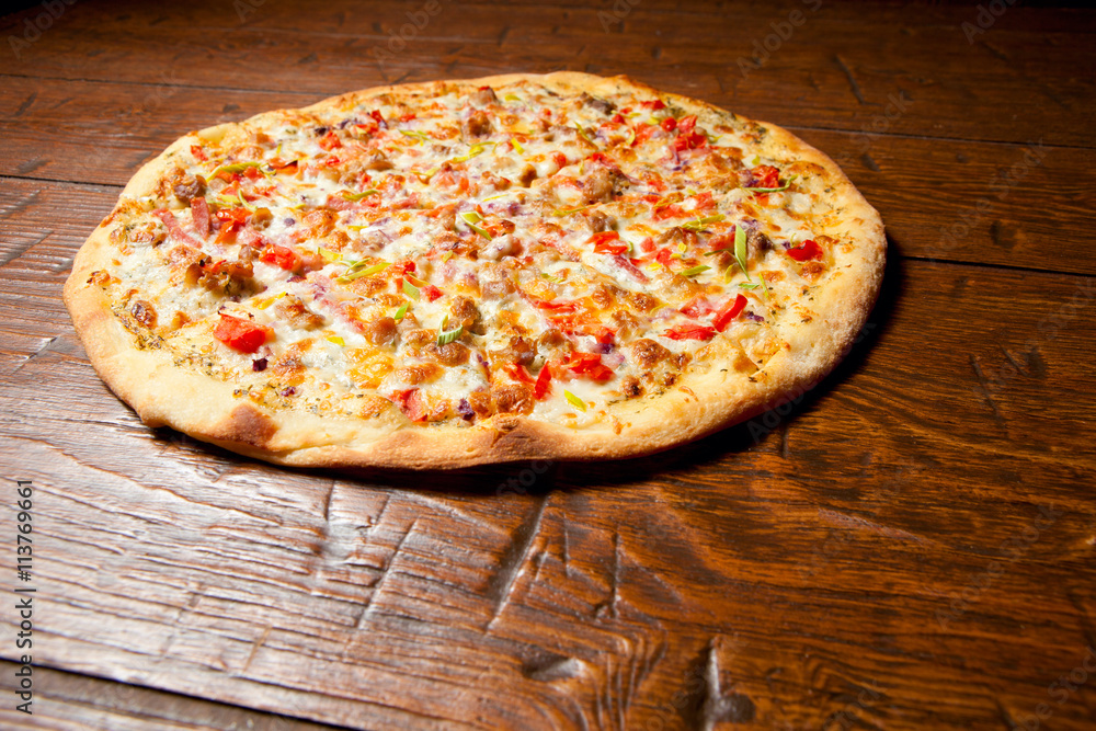 Ranch pizza on wooden table