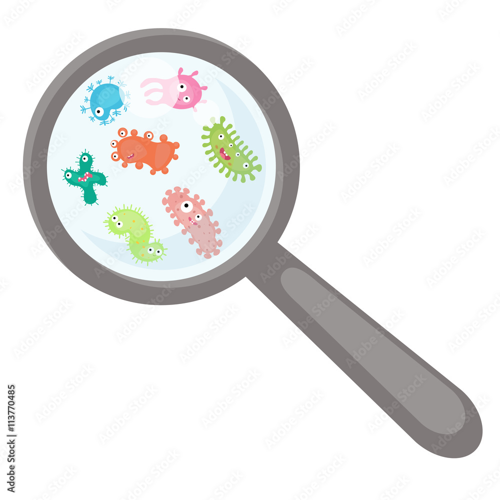 Cartoon microbes peek out from a magnifying lens