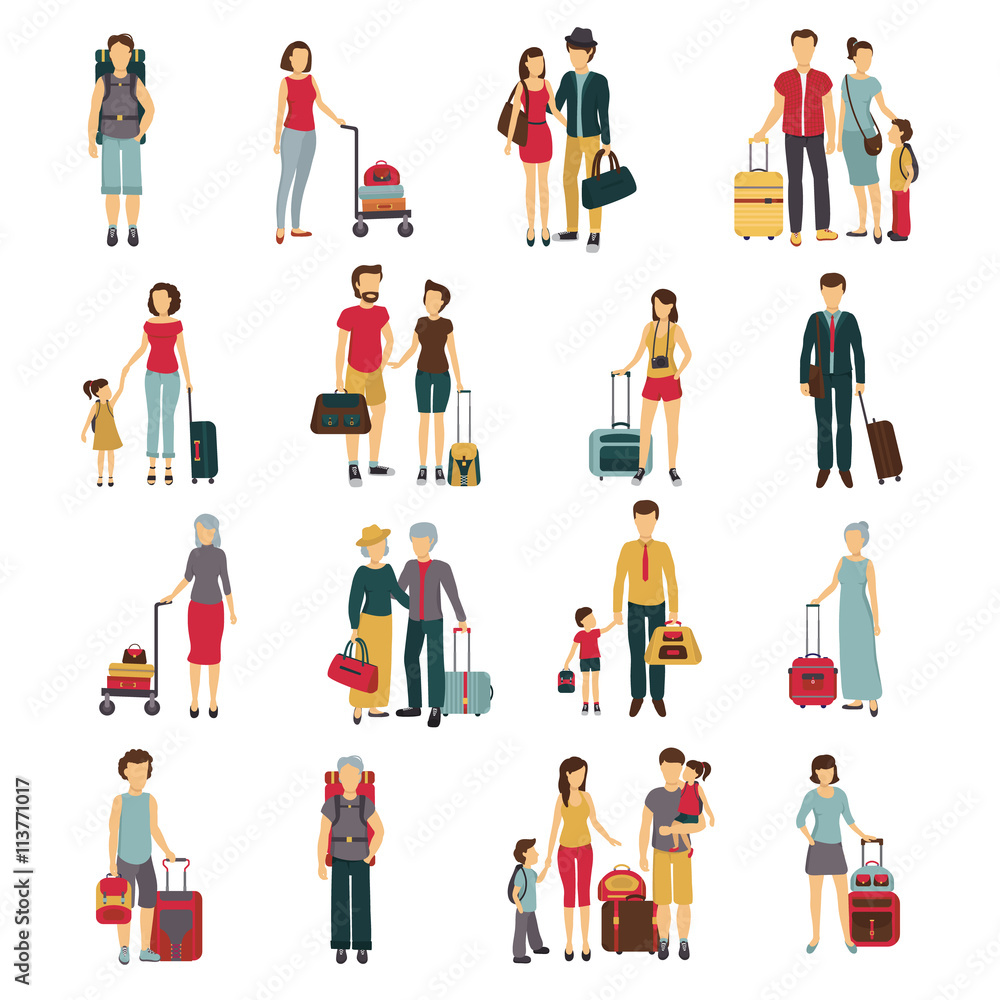Travelers With Luggage Flat  Icons Collection 