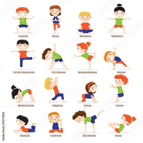 Kids Children Yoga Poses Cartoon Set.
