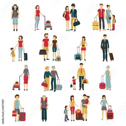 Travelers With Luggage Flat Icons Collection 