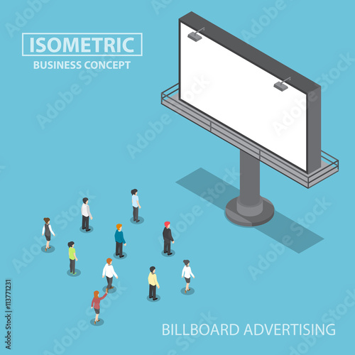 Isometric business people standing in front of large billboard