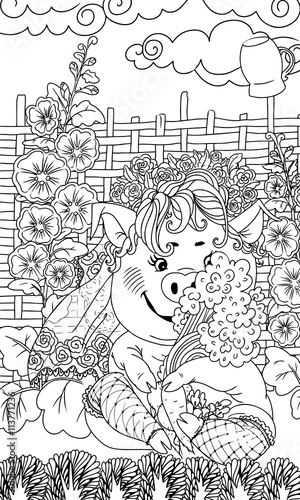 Pig with a bouquet of vegetables