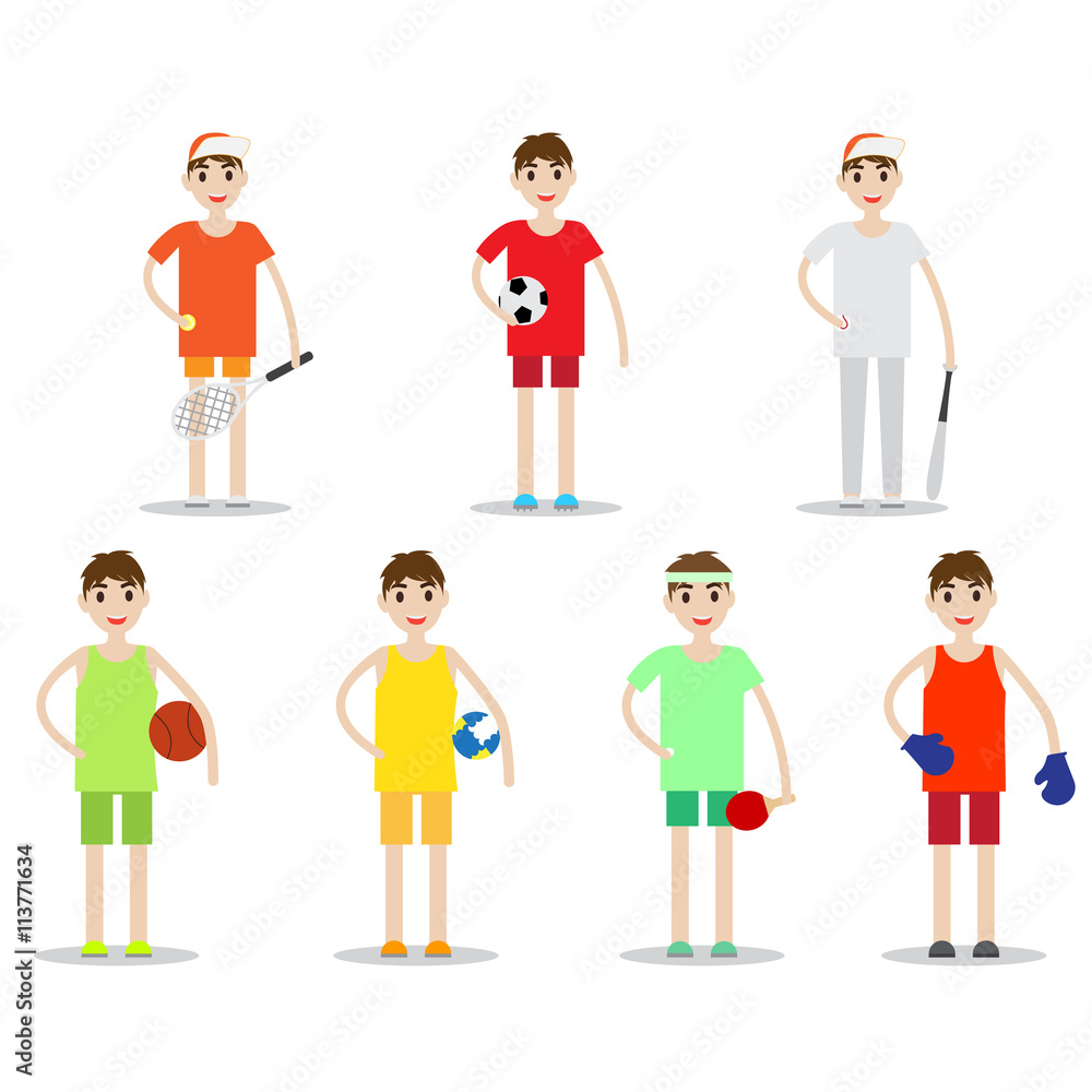 Set of sporty boys isolated on white background. Kind of sports vector collection.