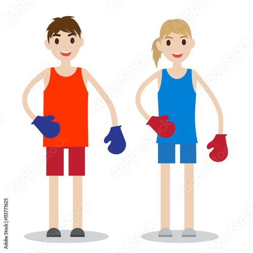 Set of sporty boy and lady. Boxers isolated on white background.