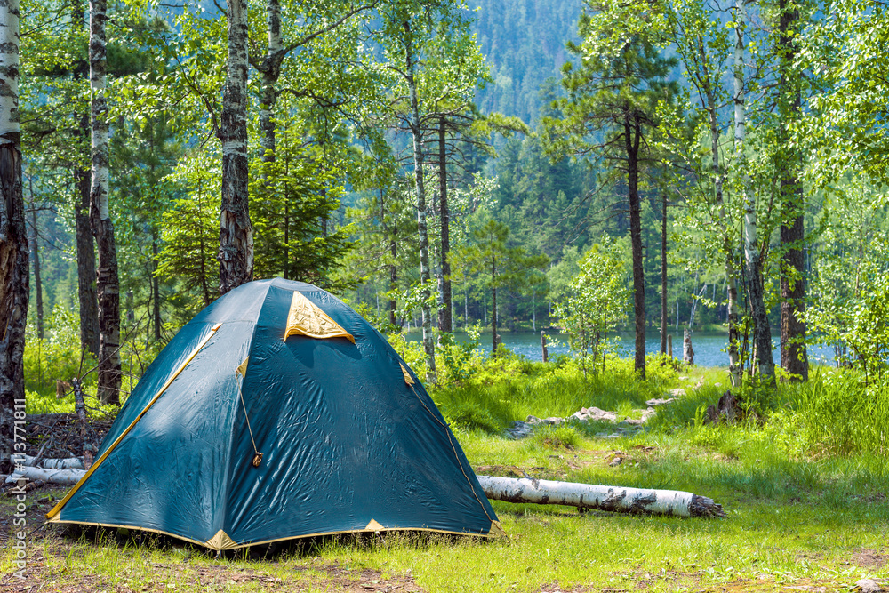 A tent in the forest by the lake A tent in the forest by the lake