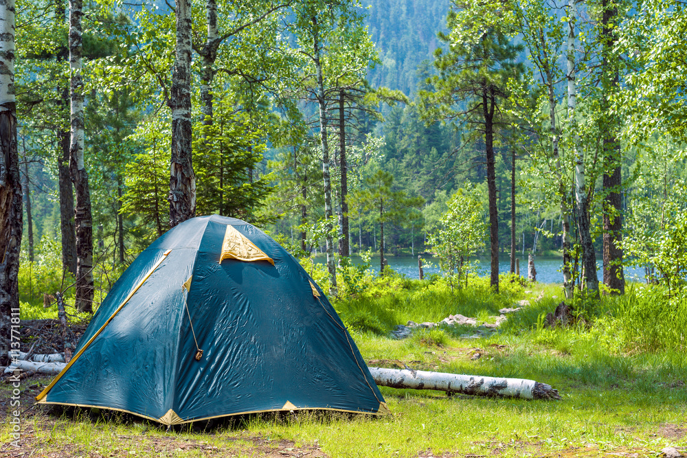 A tent in the forest by the lake 