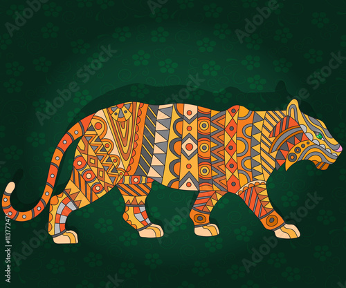 Fototapeta Naklejka Na Ścianę i Meble -  Illustration with abstract tiger on a dark floral background