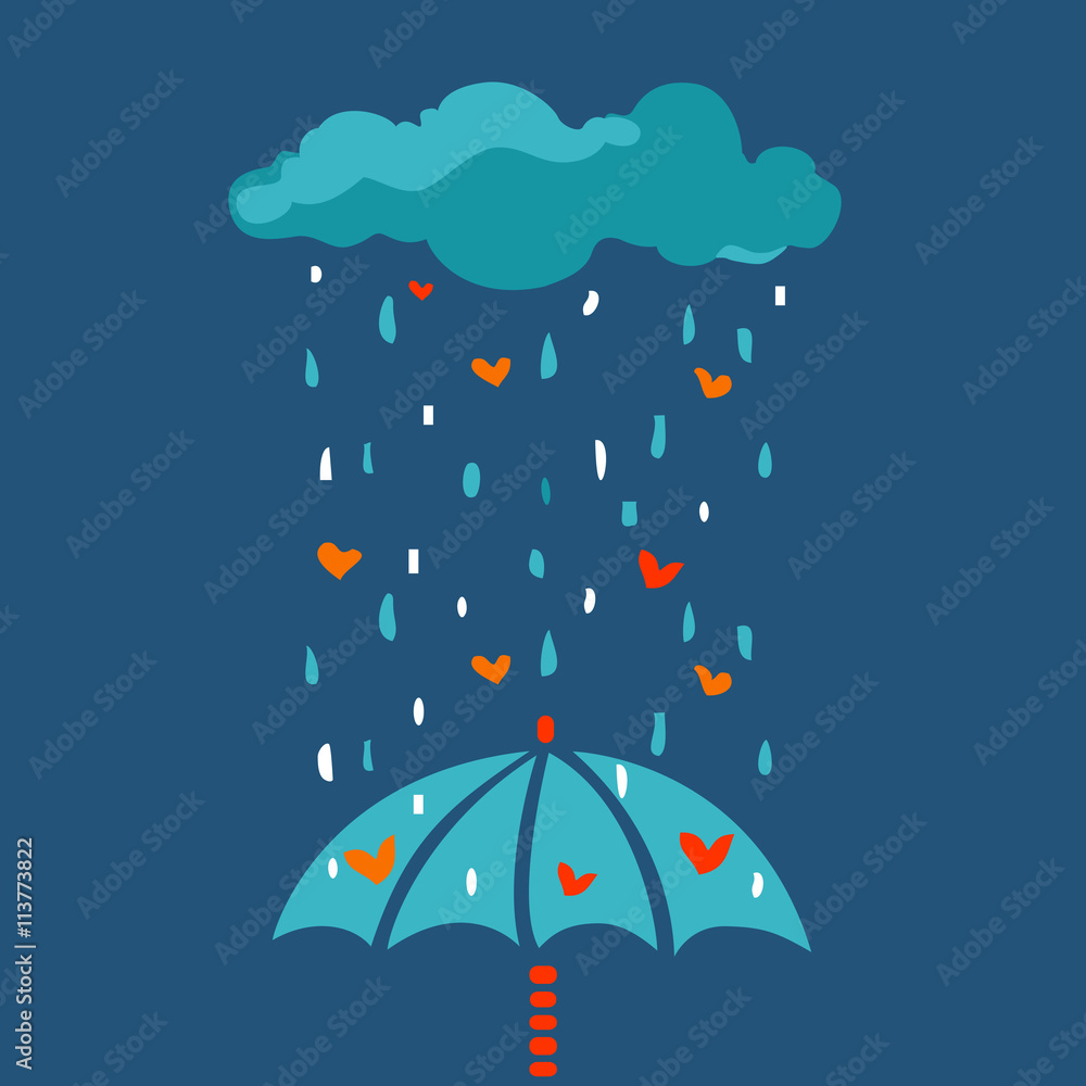 Romantic card with umbrella, hearts and clouds