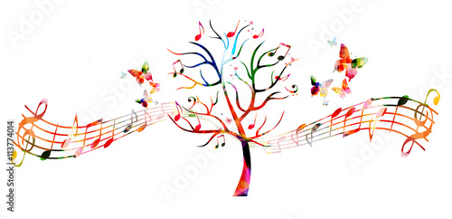 Colorful music tree with music notes and butterflies 
