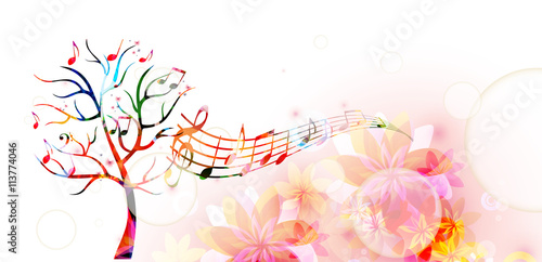 Colorful music tree with music notes and butterflies
