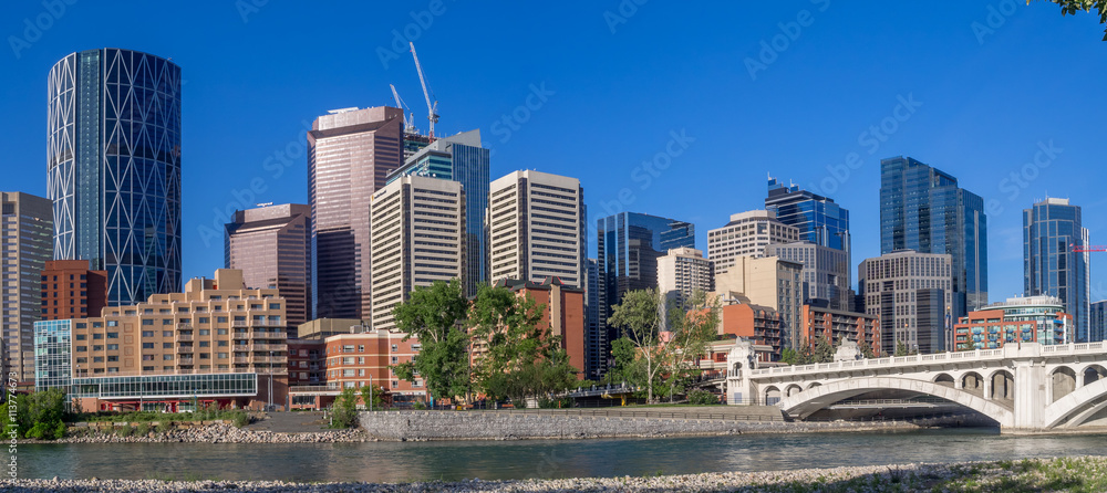 Obraz premium Calgary's skyline on a beautiful spring day. Calgary is the corporate centre of the oil industry in Canada.