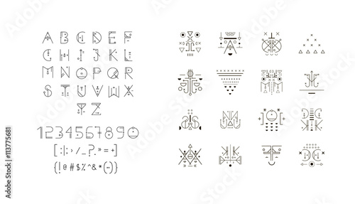 Set of vector trendy icons plus unusual geometric alphabet. Alchemy symbols collection