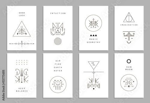 Set of vector trendy cards with geometric icons. Alchemy symbols. Vector