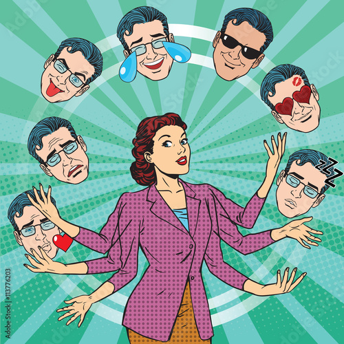 Retro woman juggles the emotions of men