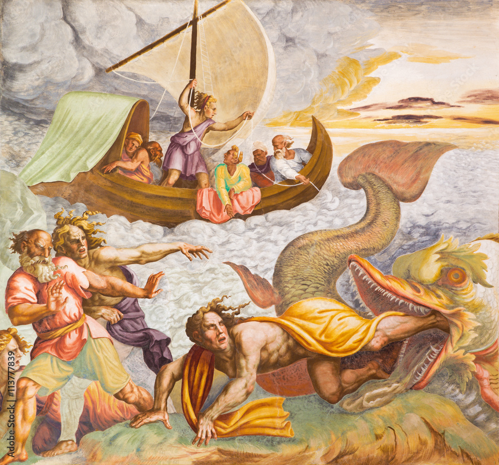 Fototapeta CREMONA WŁOCHY, MAJ, - 24, 2016: Fresk sceny formy prorok Jonah w krypcie w Chiesa di San Sigismondo Giulio Campi (1564-1567)