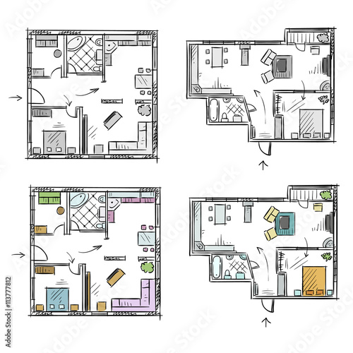 Apartment plan with furniture, vector sketch