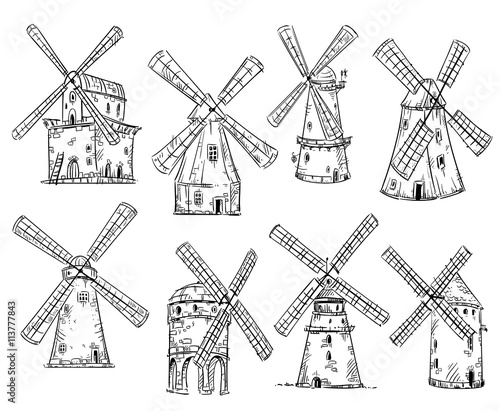 Windmills, vector drawing