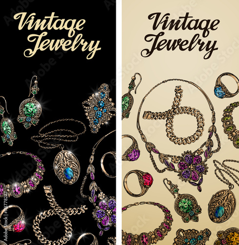 Vintage jewelry. Precious metal, gold, silver and gems. Vector illustration