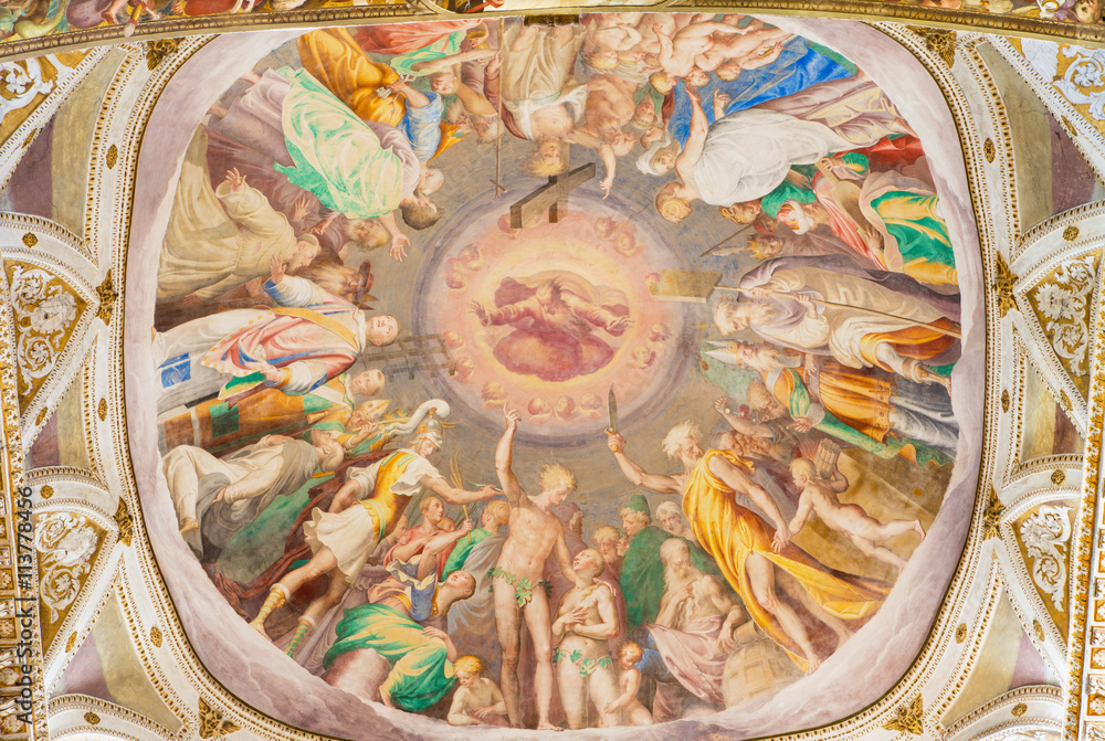 CREMONA, ITALY - MAY 24, 2016: The fresco Glory of Heaven on cupoloa in presbytery of Chiesa di San Sigismondo by Camillo Boccaccino (1505 - 1546)