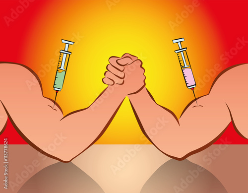 Doping - arm wrestling competition with syringes. Comic vector illustration.