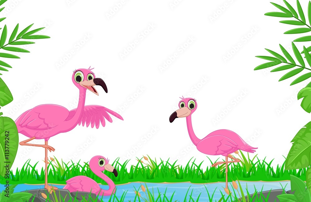 Naklejka premium cartoon flamingo in river