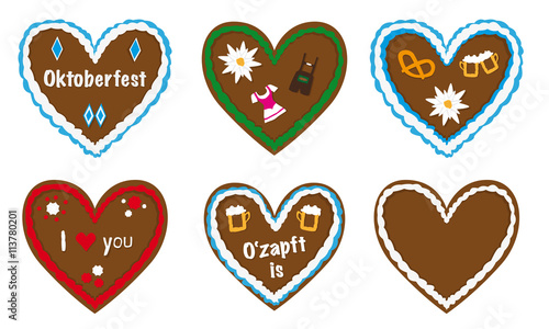 oktoberfest lebkuchen herz Sammlung mit Symbolen, Lederhose, Dirndl, Bier, Edelweiss, 