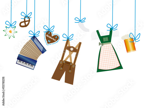 oktoberfest hintergrund, herz, lederhose, dirndl, edelweiss icons hängen an Leine, 
