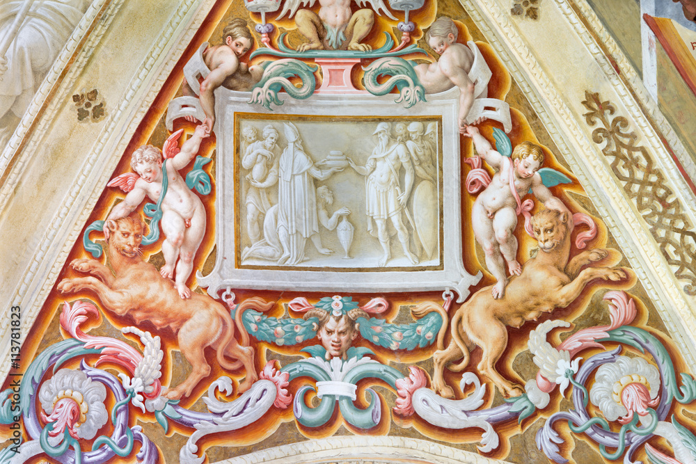 CREMONA, ITALY - MAY 24, 2016: The symbolic fresco on the wault in Chiesa di San Sigismondo by Giulio Campi, Bernardino Campi e Bernardino Gatti (1564 - 1567).