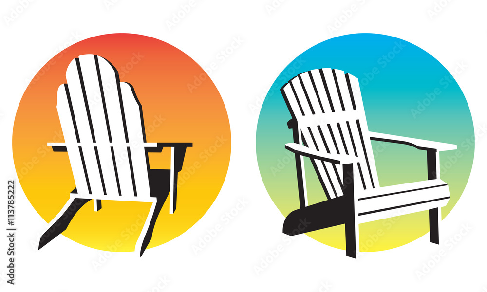Adirondack Chair Sunset Graphics. Vector illustrations of two different adirondack, muskoka, beach chairs and setting suns. Adirondack Chair Sunset Graphics. Vector illustrations of two different adirondack, muskoka, beach chairs and setting suns.