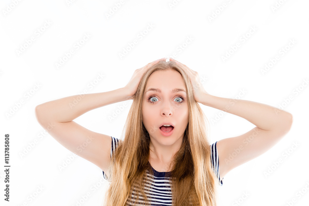 Shocked beautiful girl holding head with hands Shocked beautiful girl holding head with hands