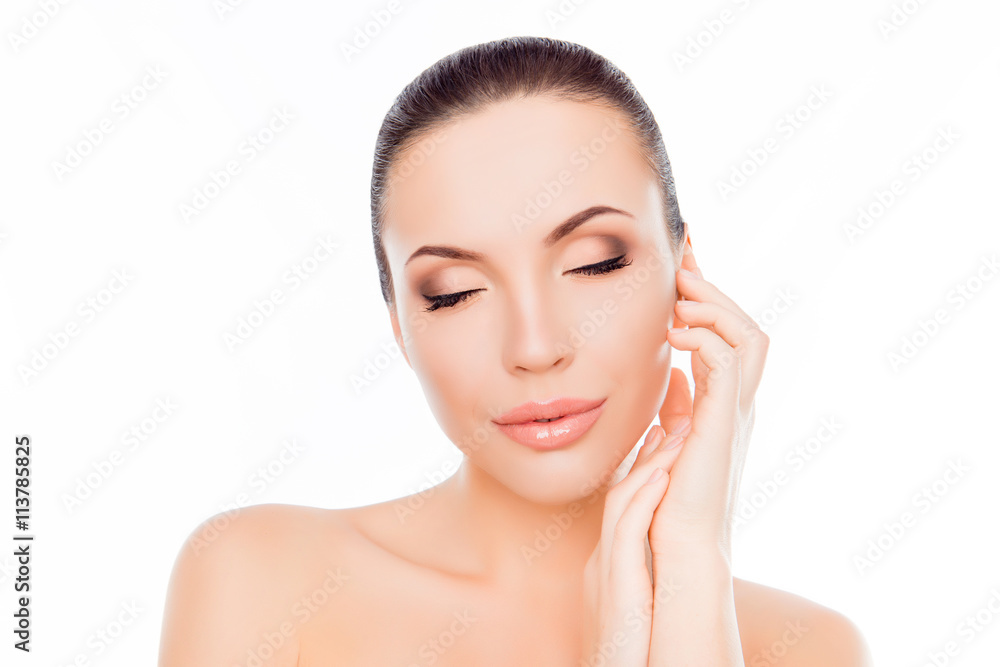Portrait of sensitive beautiful woman relaxing with closed eyes Portrait of sensitive beautiful woman relaxing with closed eyes