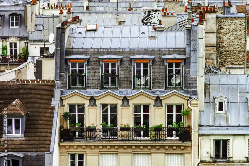 Paris roofs panoramic overview at summer day