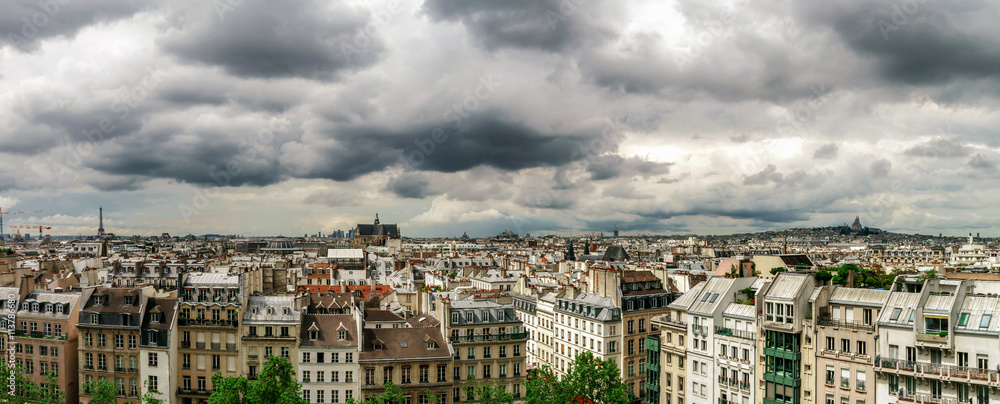 Paris roofs panoramic overview at summer day