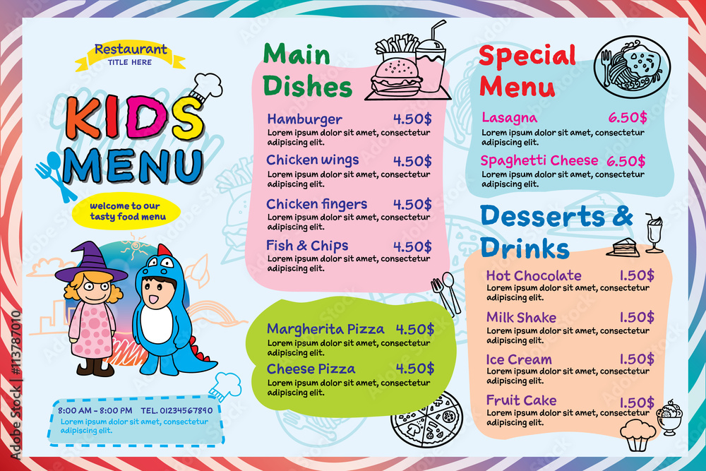 Colorful kids meal menu vector template illustration for restaurant