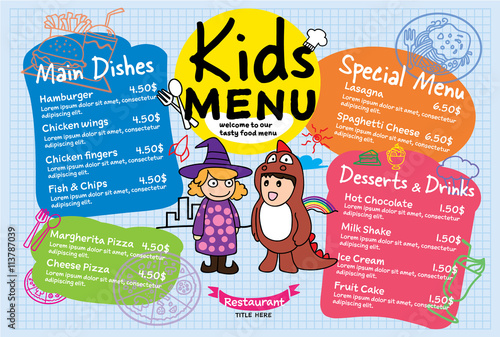 Colorful kids meal menu vector template illustration for restaurant photo