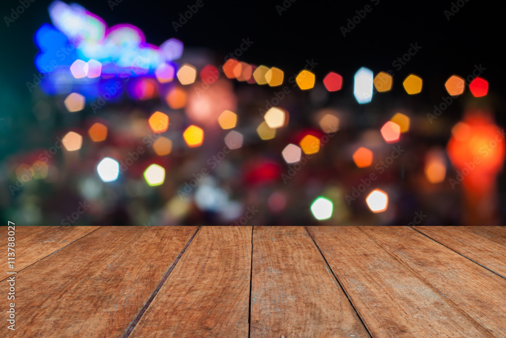 Perspective top wooden with abstract blurred lights