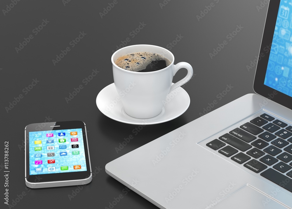 Laptop smartphone and coffee cup on black. 3d rendering. Laptop smartphone and coffee cup on black. 3d rendering.