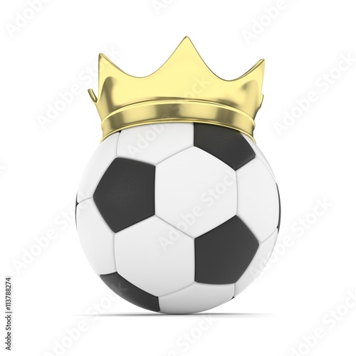 Soccer ball with golden crown on white background. 3D rendering.