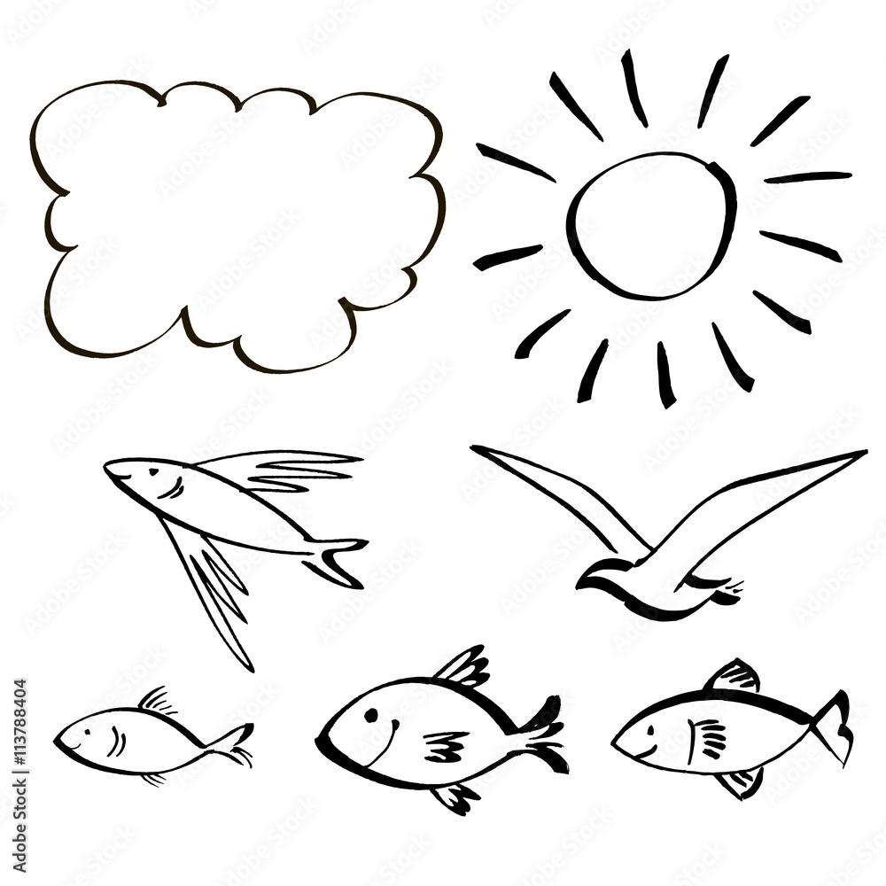 Abstract symbols: sea vacation. Funny fish, gull, cloud, sun. Abstract symbols: sea vacation. Funny fish, gull, cloud, sun.
