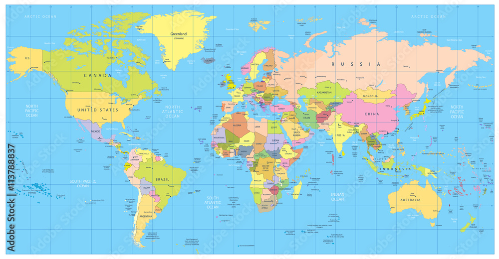 World Water Map Labeled Detailed Political World Map: Countries, Cities, Water Objects Stock Vector  | Adobe Stock