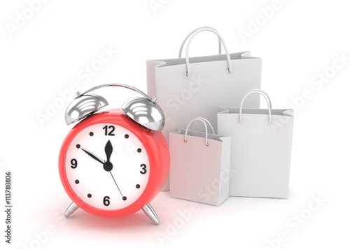 alarm clock and shopping bag (time to buy concept). 3d rendering.