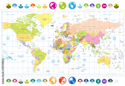 Colored political World Map with round flat icons and globes iso